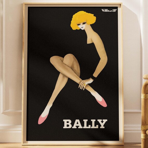 Bally Vintage Shoe Fashion Black Yellow Retro Villemot Poster
