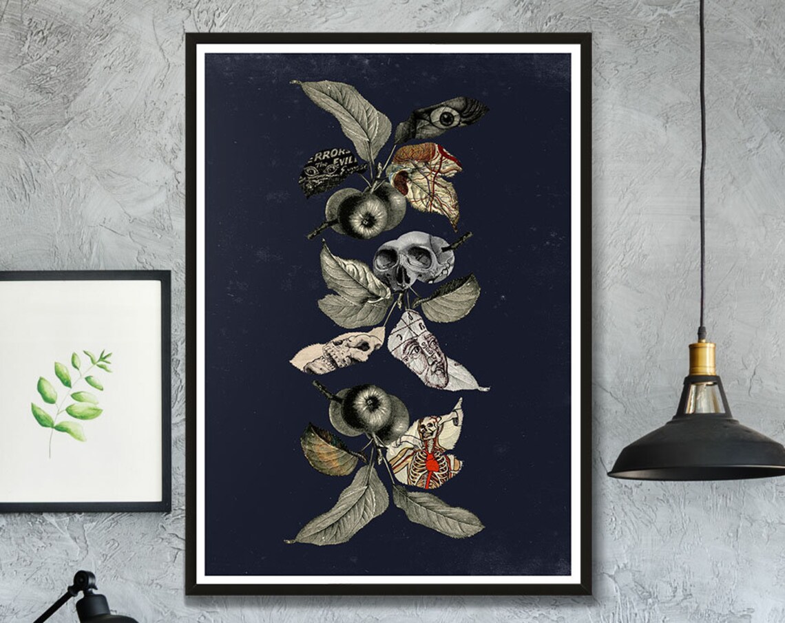 Botanical Skulls Navy Boho Gothic Art Print