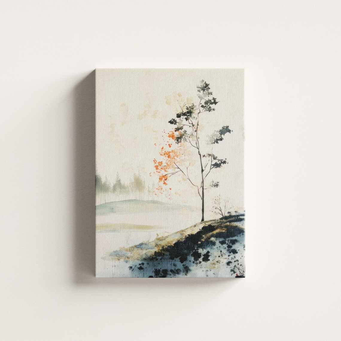 Autumn Tree Lakeshore Watercolor Minimalist Serene Landscape Poster