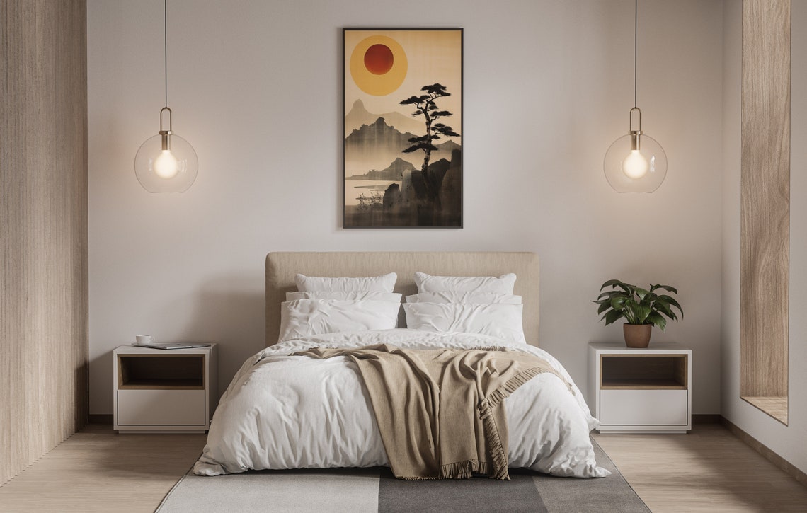 Japanese Sunrise over Mountains with Pine Tree Japandi Poster - Image 4