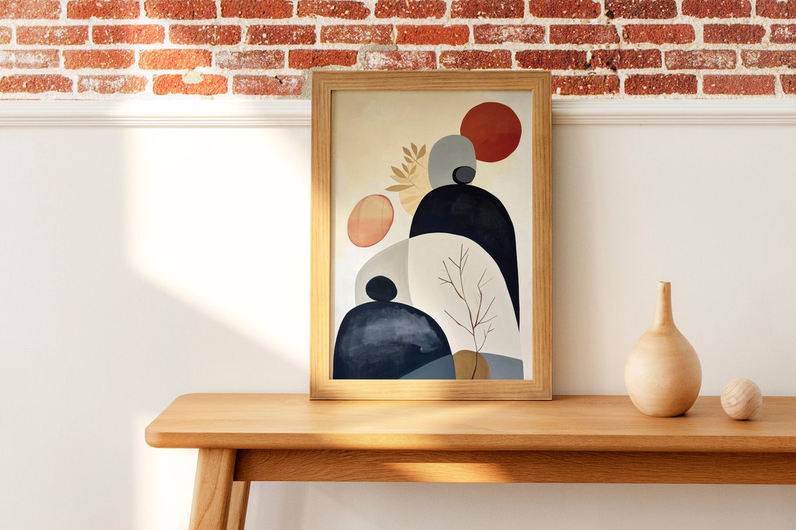 Abstract Japandi Sun and Arches with Botanical Sprigs Poster - Image 2
