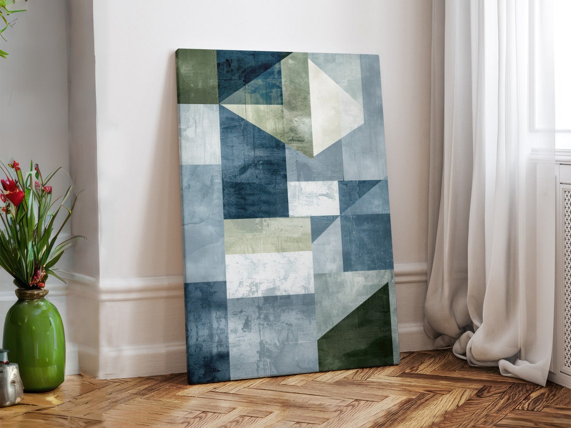 Blue Green Geometric Abstract Patchwork Scandinavian Canvas Wall Art - Image 3