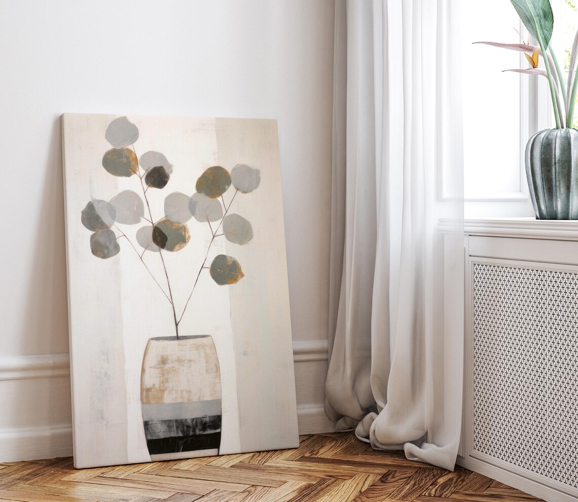 Eucalyptus Stems Striped Ceramic Pot Minimalist Neutral Wall Art