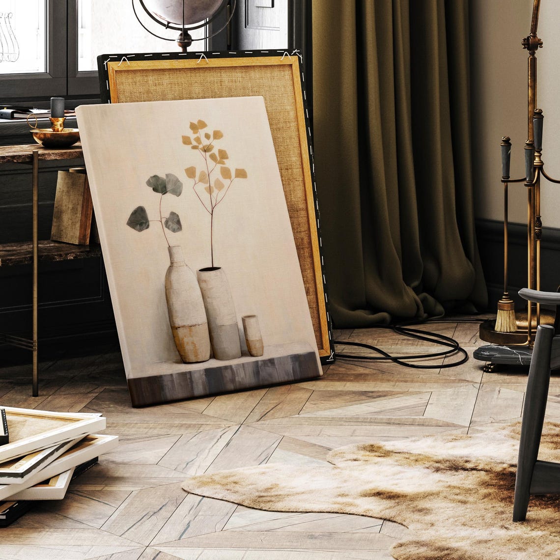 Ceramic Vases Eucalyptus Mustard Stems Minimalist Neutral Wall Art - Image 2