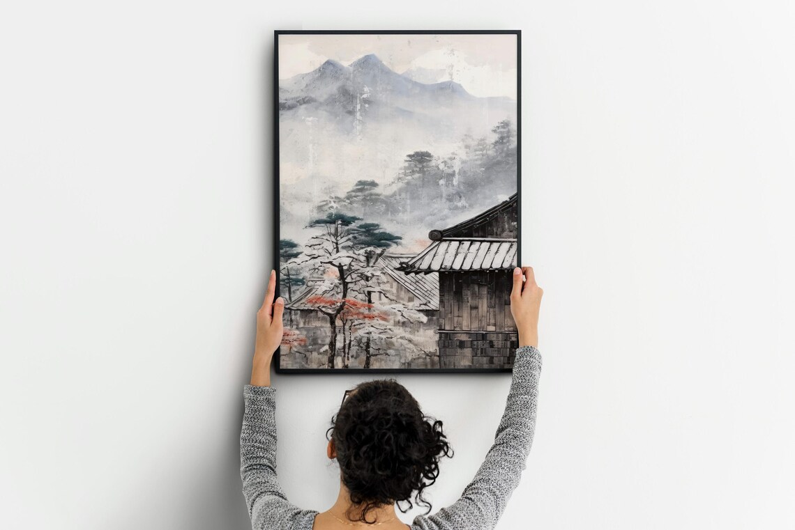 Japanese Ink Painting Misty Mountains Village Rooftops Zen Poster - Image 3