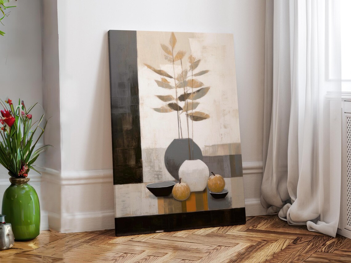 Neutral Still Life Vase Golden Leaves Fruits Modern Abstract Wall Art - Image 3