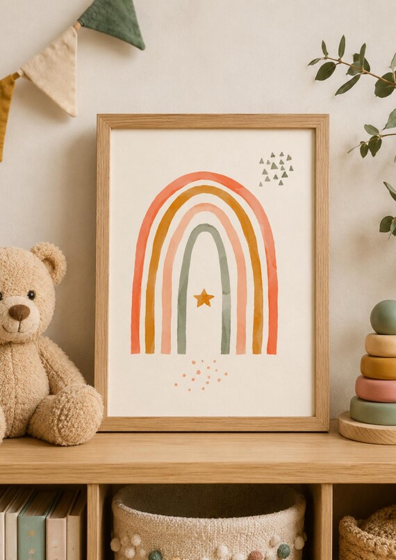 Sweet Boho Rainbow Watercolor Gold Star Nursery Kids Room Poster