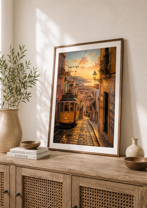 Lisbon Tram Wall Art Print Portugal Travel Poster Sunset Artwork European Cityscape Decor Vintage