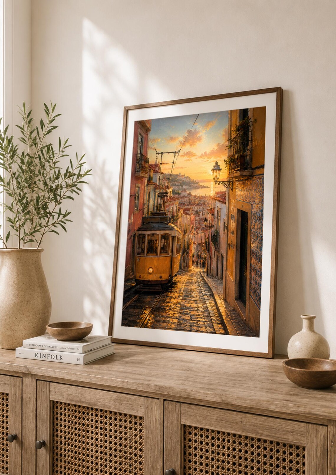 Lisbon Tram Sunset Portugal Vintage European Cityscape Poster
