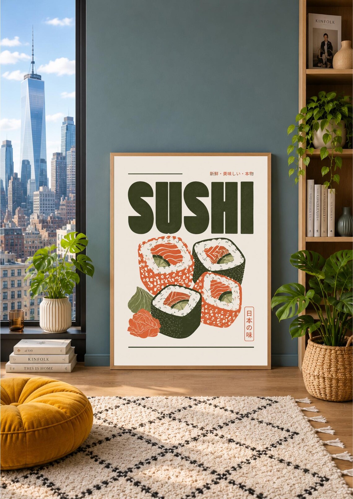 Sushi Salmon Roll Retro Japanese Food Illustration Kitchen Poster