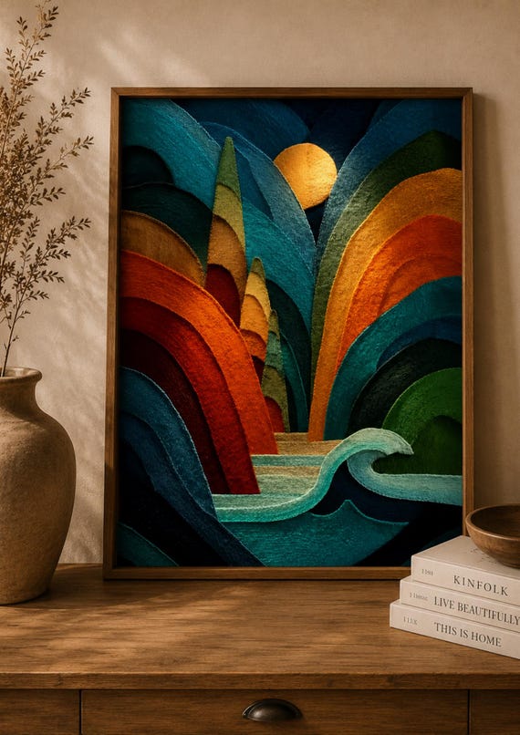 Abstract Landscape Wall Art Print Colorful Modern Poster Textured Mountain Artwork Mid Century Decor Contemporary
