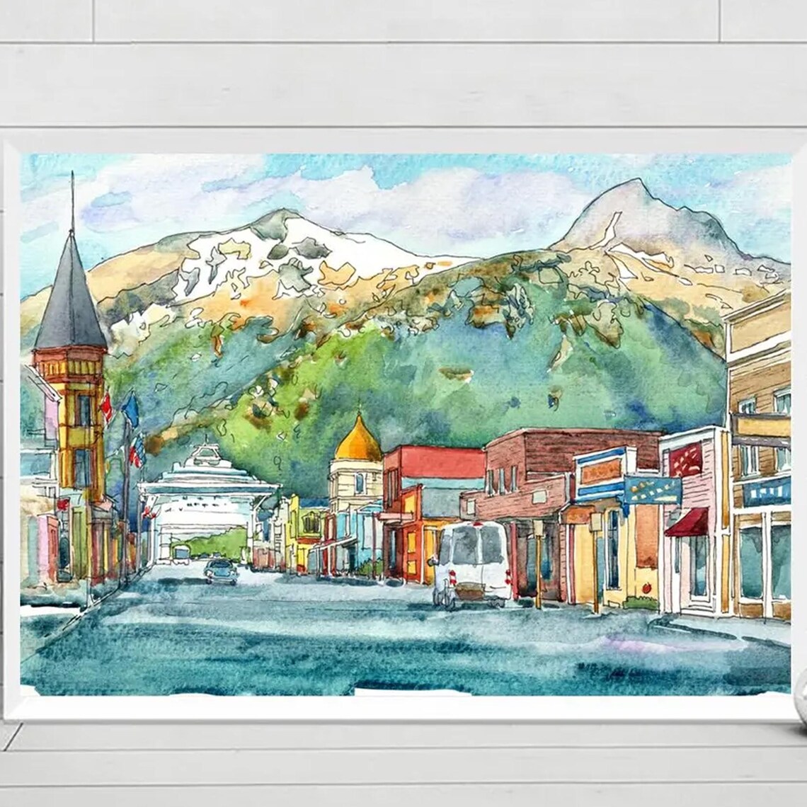 Skagway Alaska Broadway Street Watercolor Mountains Cruise Ship Travel Poster