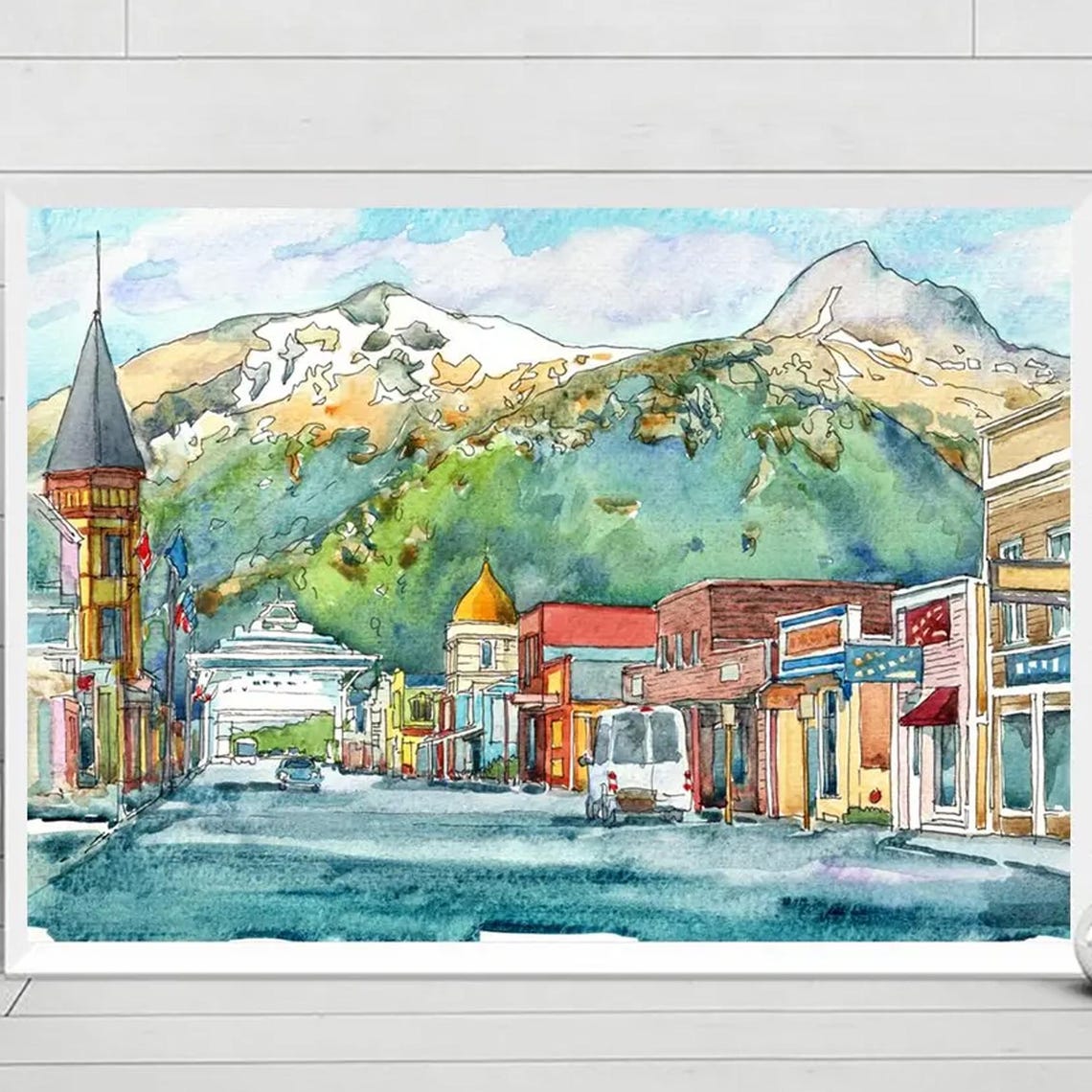 Skagway Alaska Painting Art Print Watercolor City Street Skyline Landscape Ak Travel Poster