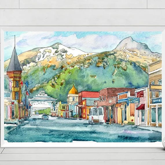 Skagway Alaska Painting Art Print Watercolor City Street Skyline Landscape Ak Travel Poster