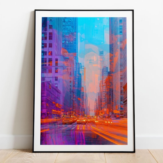 Neon New York City Print Vibrant Pop Art Taxis