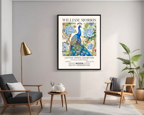 William Morris Peacock Blue Roses Print Exhibition Poster Vintage Art Textiles Floral Wall