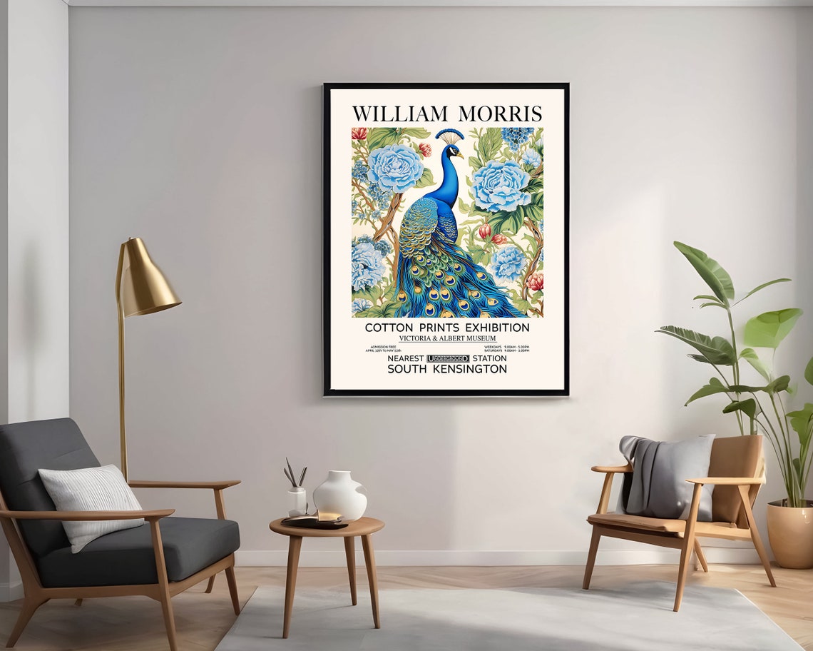 William Morris Peacock Blue Roses Cotton Prints Exhibition Poster