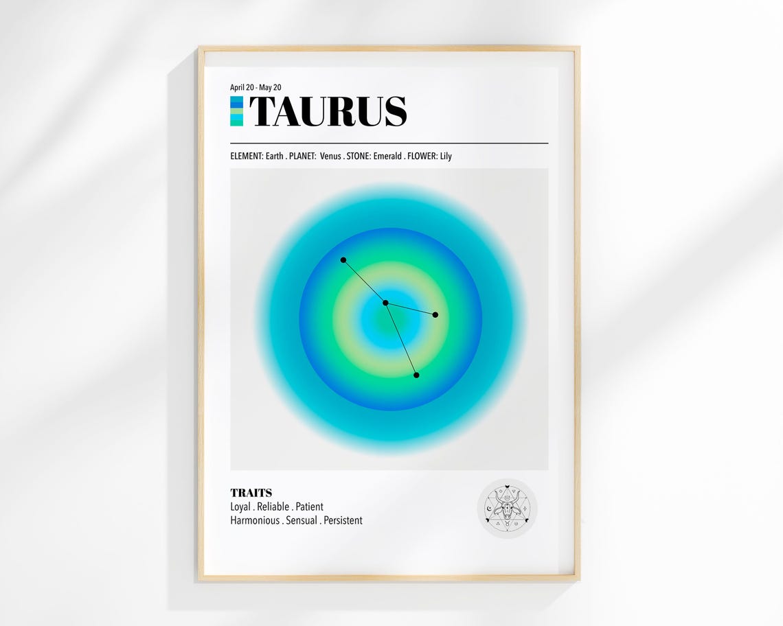 Zodiac Print Taurus Star Sign Astrology Constellation Maps And Lunar Phases Posters