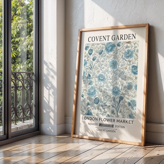 Covent Garden London Flower Market Teal Floral Botanical Art Print
