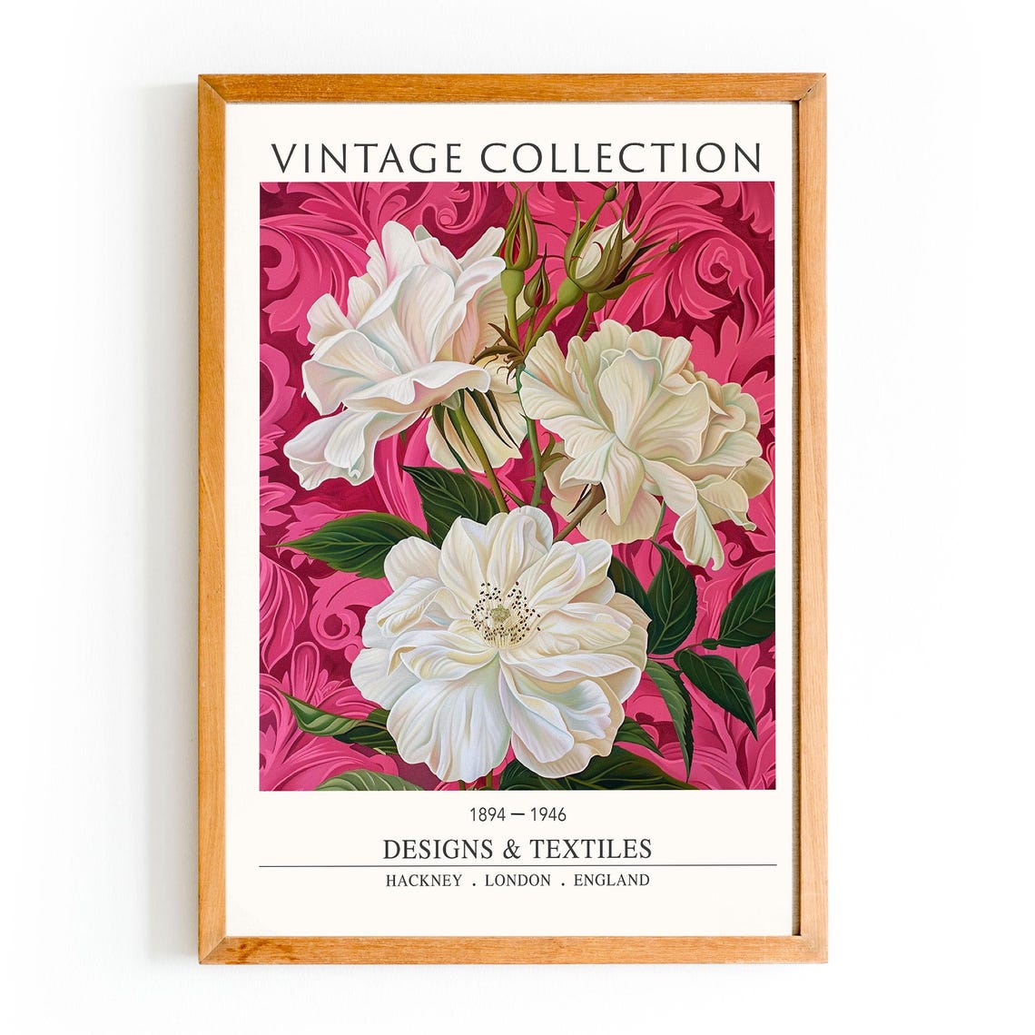 Vintage White Rose Print William Morris Pink Damask Botanical Art