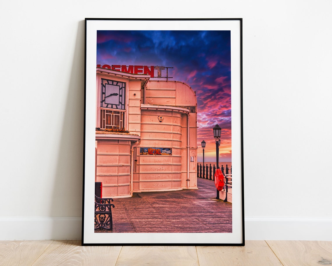Worthing Pier Sunset Art Deco Pier Building Retro Seaside Photo Poster