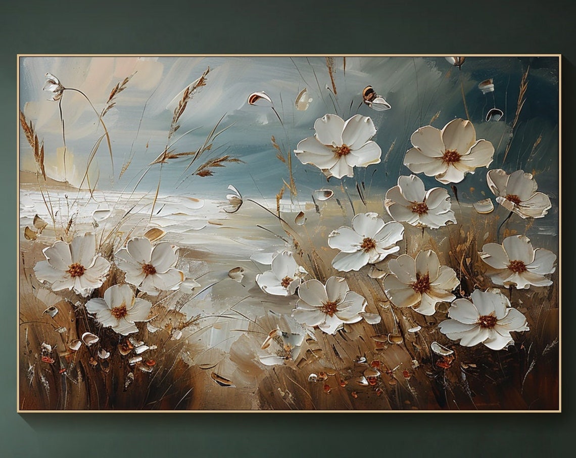 White Wildflowers Golden Field Windswept Grass Elegant Floral Poster