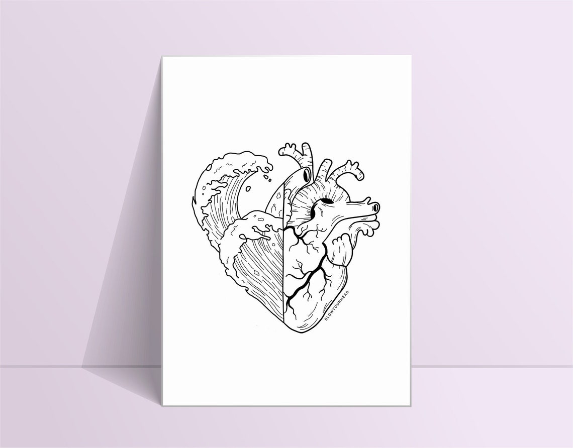 Heartwaves Ocean Wave Anatomical Heart Black Ink Line Art Poster