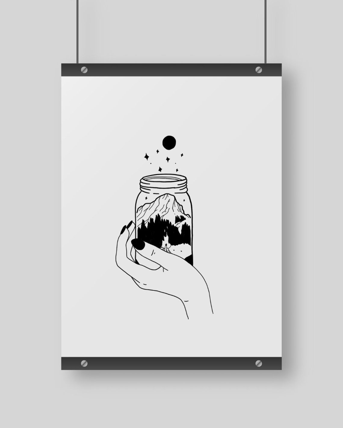 Mountain Magic Hand Holding Jar Forest Night Sky Line Art Poster - Image 4