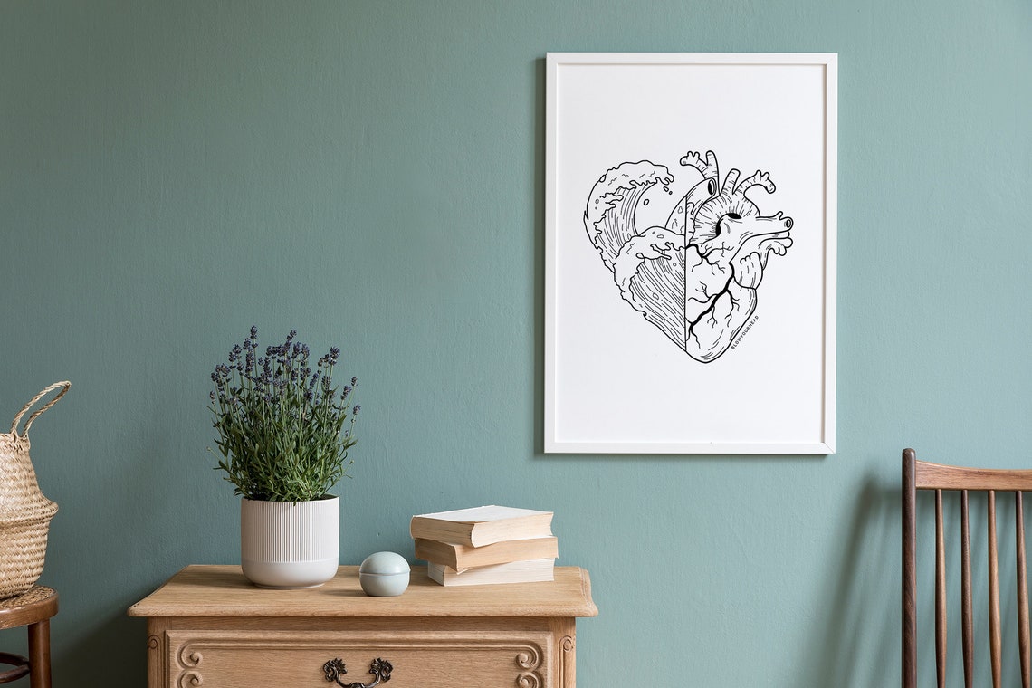 Heartwaves Ocean Wave Anatomical Heart Black Ink Line Art Poster - Image 2