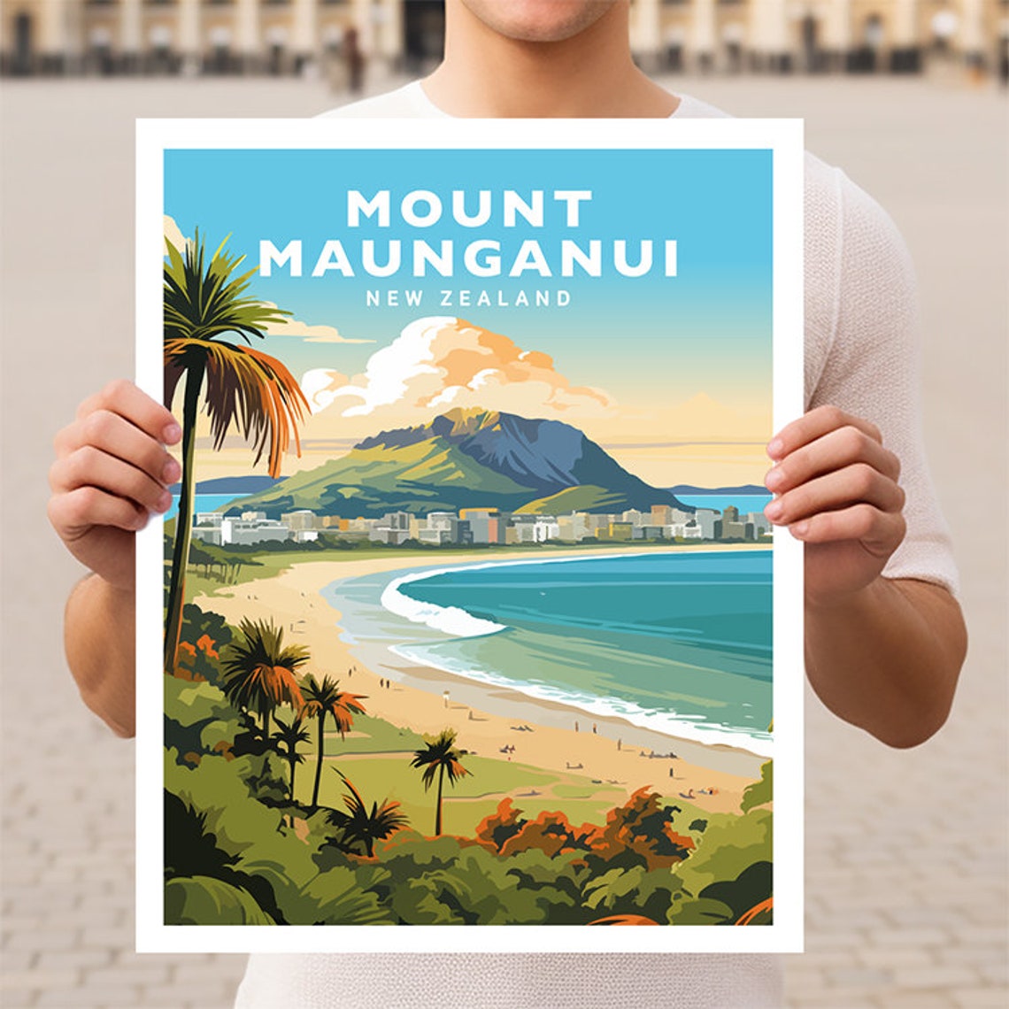Mount Maunganui New Zealand Beach Palm Tree Mountain Travel Poster