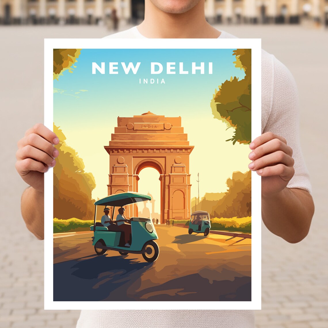 New Delhi India Gate Arch Tuk Tuk Street Retro Vintage Travel Poster