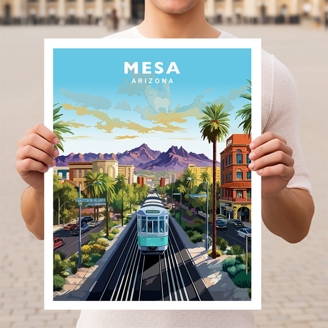 Mesa Arizona Light Rail Palm Tree Street Mountain Sunset Travel Poster