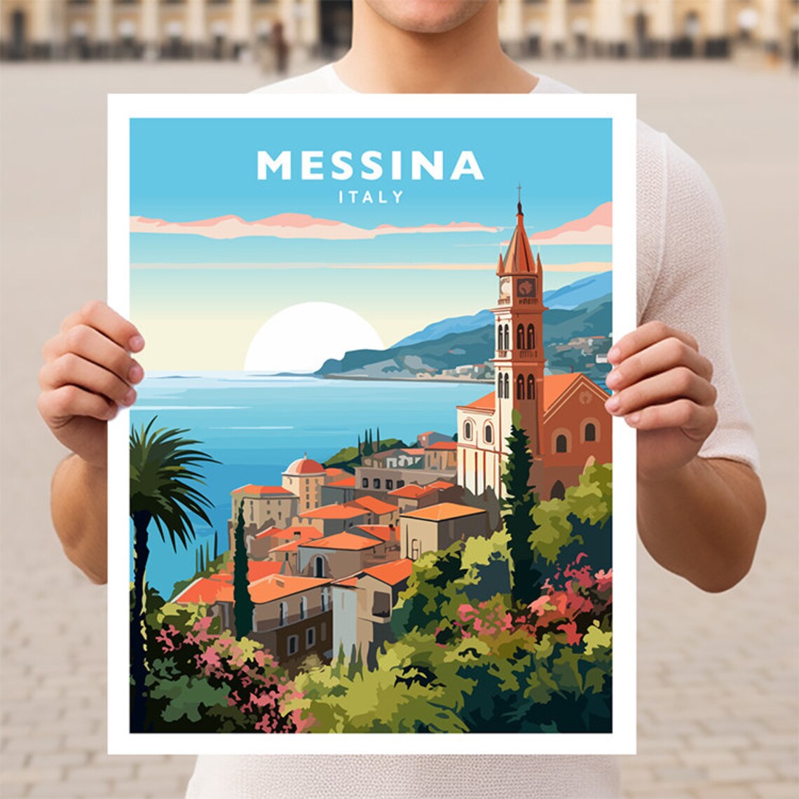 Messina Cathedral Bell Tower Coast Sunset Sicily Travel Poster
