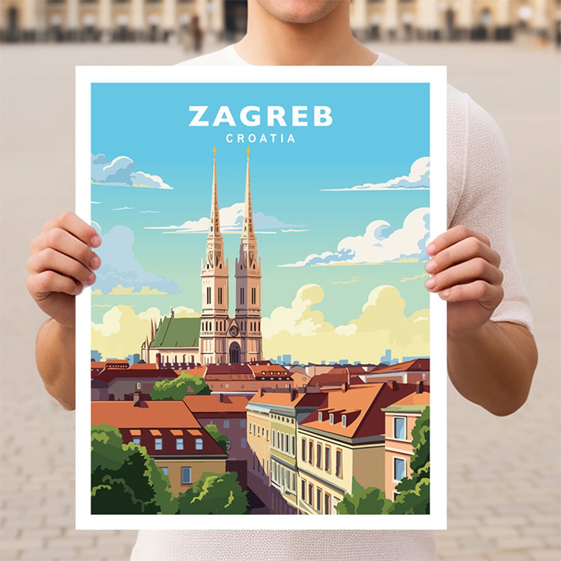 Zagreb Croatia Cathedral Twin Spires Old Rooftops Travel Poster