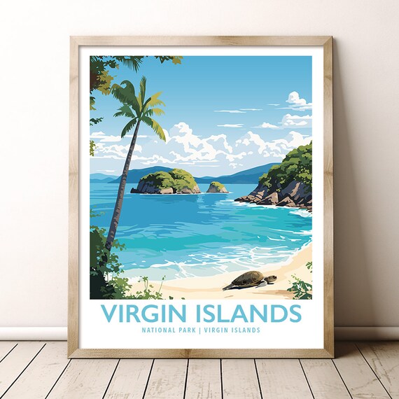 Virgin Islands National Park Tropical Beach Palm Turtle Travel Poster