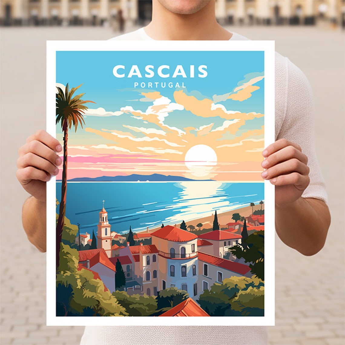 Cascais Portugal Coastal Old Town Red Roofs Sunset Travel Poster