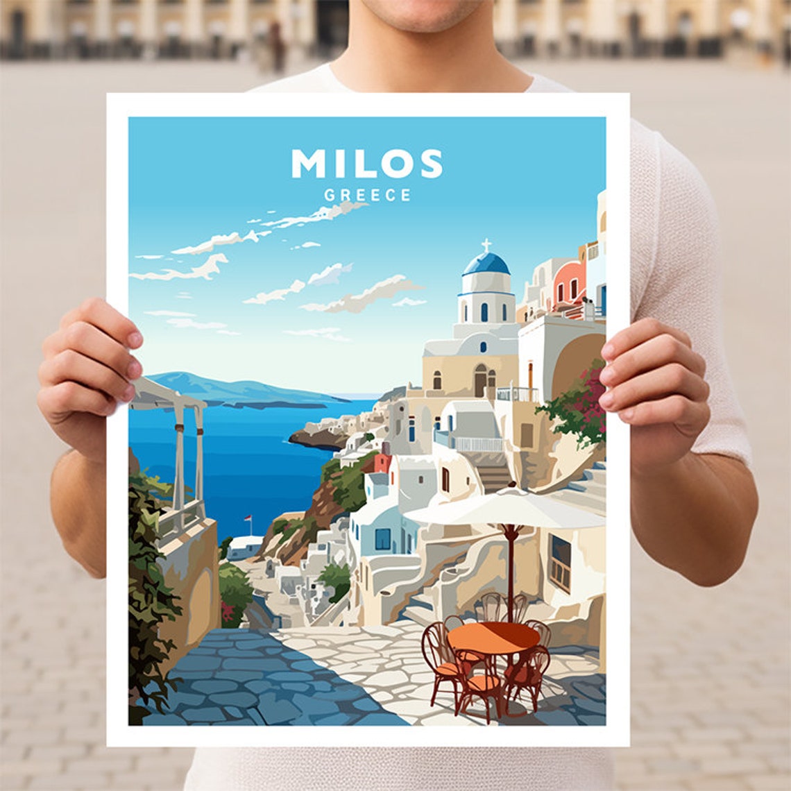 Milos Whitewashed Cliff Village Blue Dome Greece Travel Poster