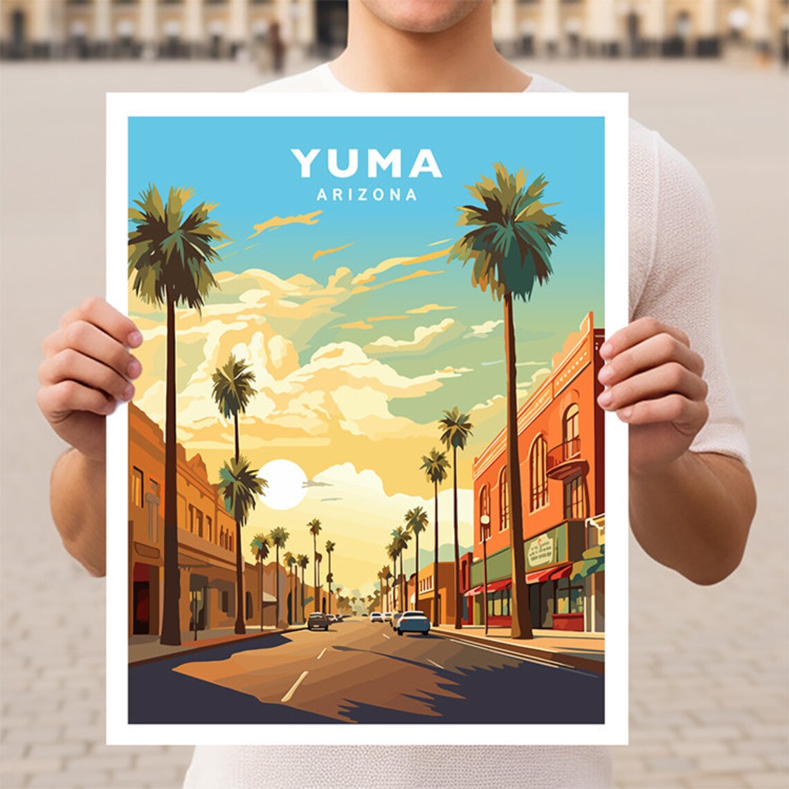 Yuma Arizona Palm Lined Main Street Sunset Vintage Travel Poster