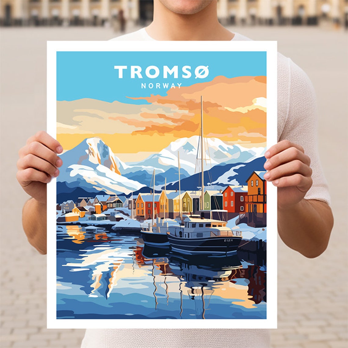 Tromso Norway Arctic Winter Harbor Snow Peaks Sunset Travel Poster