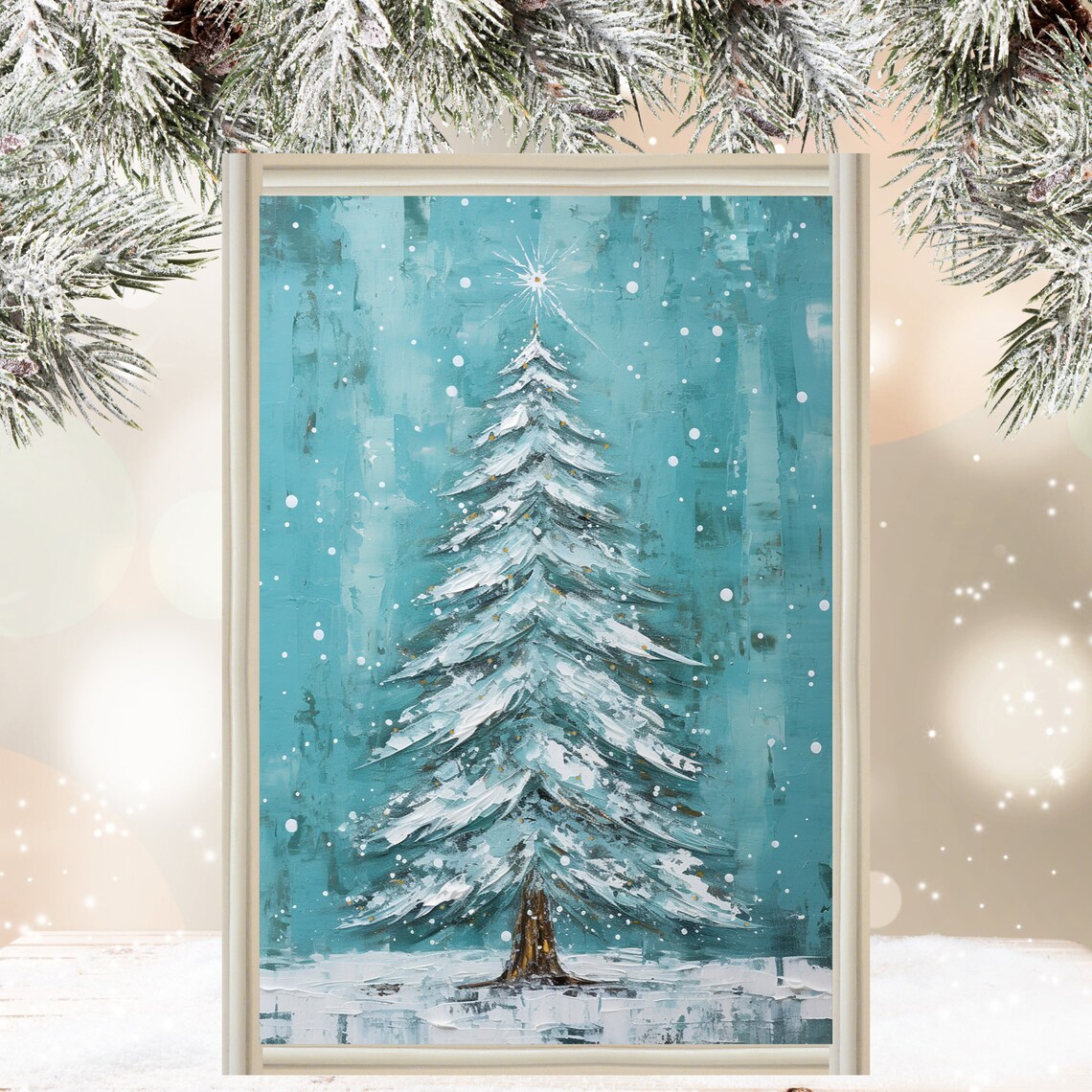 Tiffany Blue Snowy Christmas Tree Falling Snow Bright Star Poster