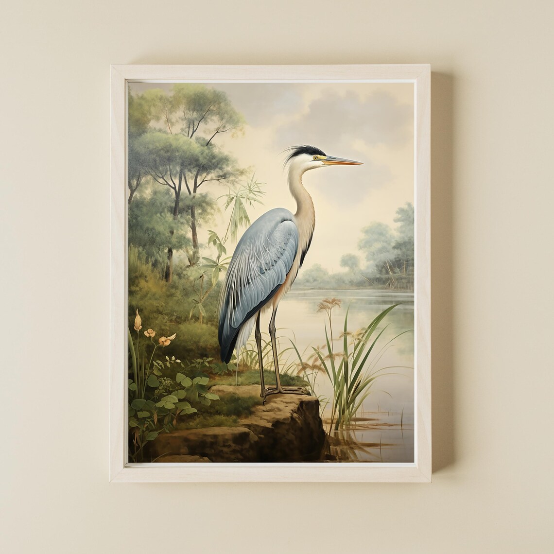 Grey Heron Standing by the River Vintage Bird Oil Painting Poster