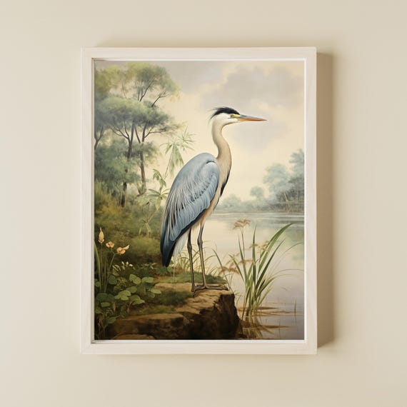 Vintage Heron Oil Painting Moody Bird Art Print