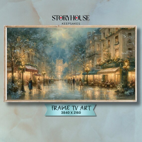 Paris Winter Street Scene Snowy Cafes Holiday Lights Impressionist Art Poster
