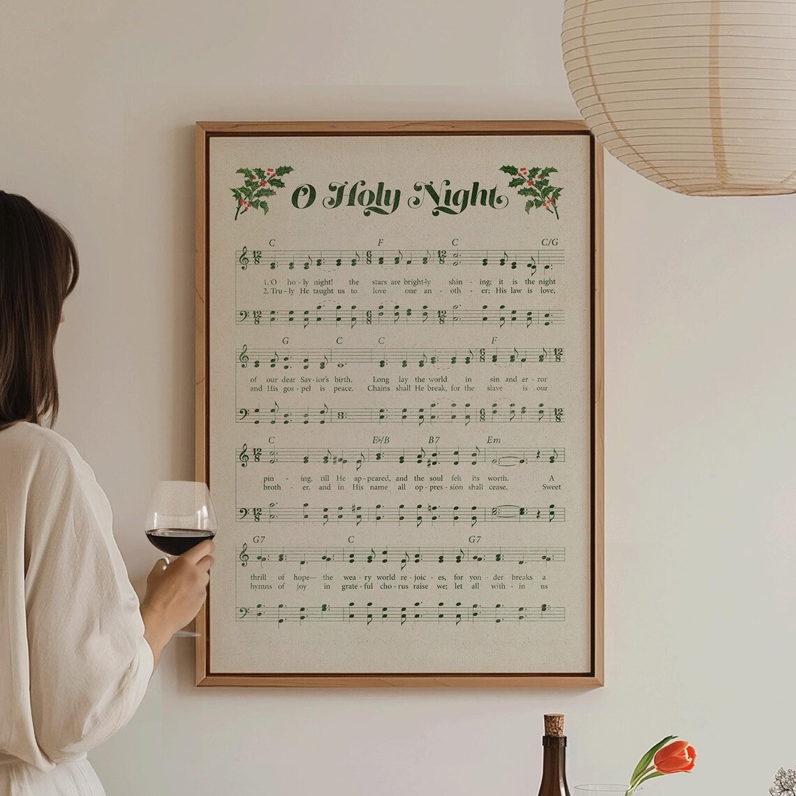 O Holy Night Green Vintage Sheet Music Christmas Carol Print Poster