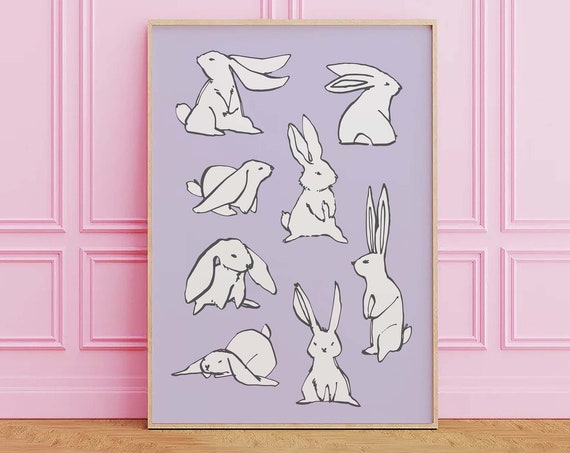 Bunnies Sketch Print Art Cute Rabbit Art Print Purple Wall Art Trendy Easter Decor Nursery Decor