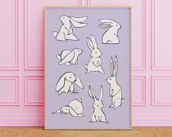 Bunny Sketches Purple Background Minimal Ink Rabbit Art Poster