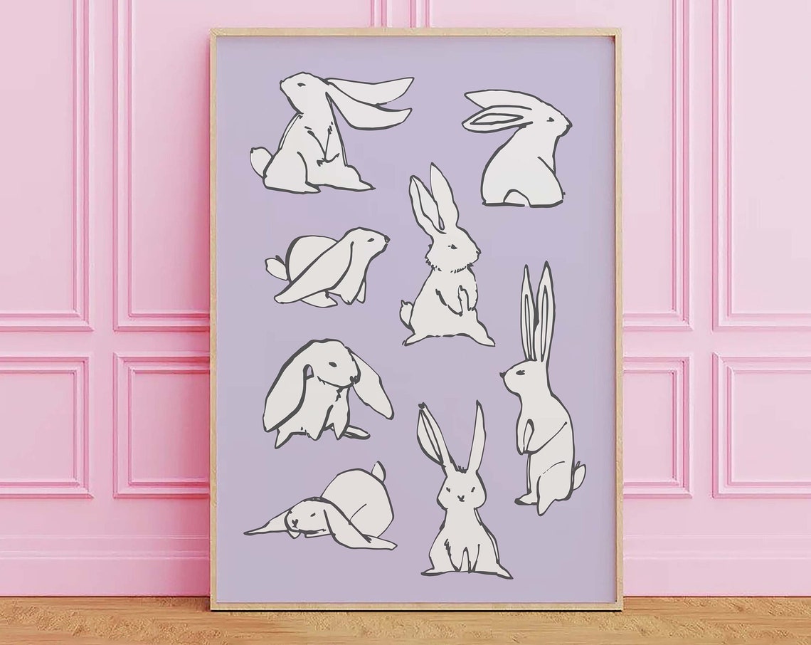Bunnies Sketch Print Art Cute Rabbit Art Print Purple Wall Art Trendy Easter Decor Nursery Decor