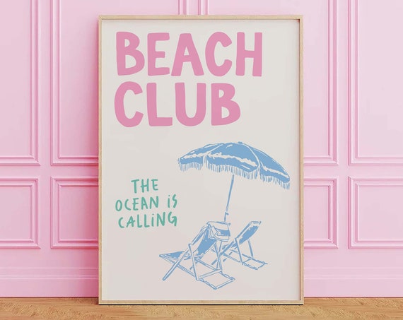 Beach Club Print Art Cute Summer Art Print Girly Wall Art Trendy Beach House Decor Coastal Wall Art