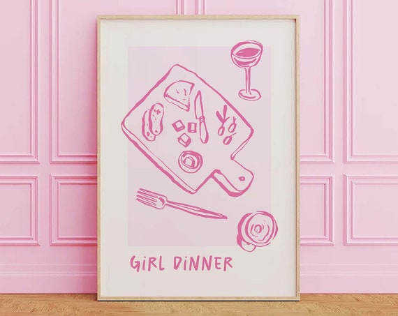 Girl Dinner Print Art Cute Kitchen Wall Art Fun Apartment Decor Trendy Food Print Pink Wall Art