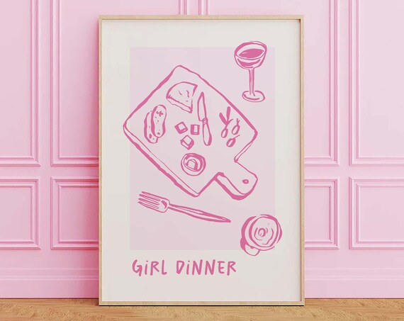 Girl Dinner Quote Charcuterie Board Illustration Pink Kitchen Wall Decor Poster